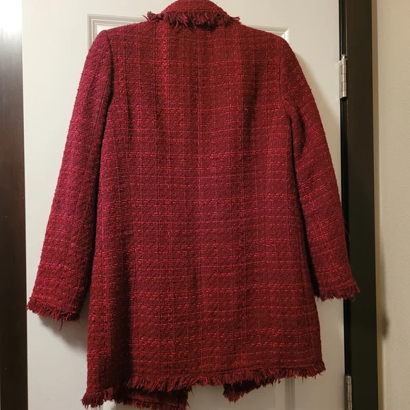 Zara Blogger Favorite Burgundy Red Frayed Tweed Boucle Jacket Size S - Picture 8 of 15